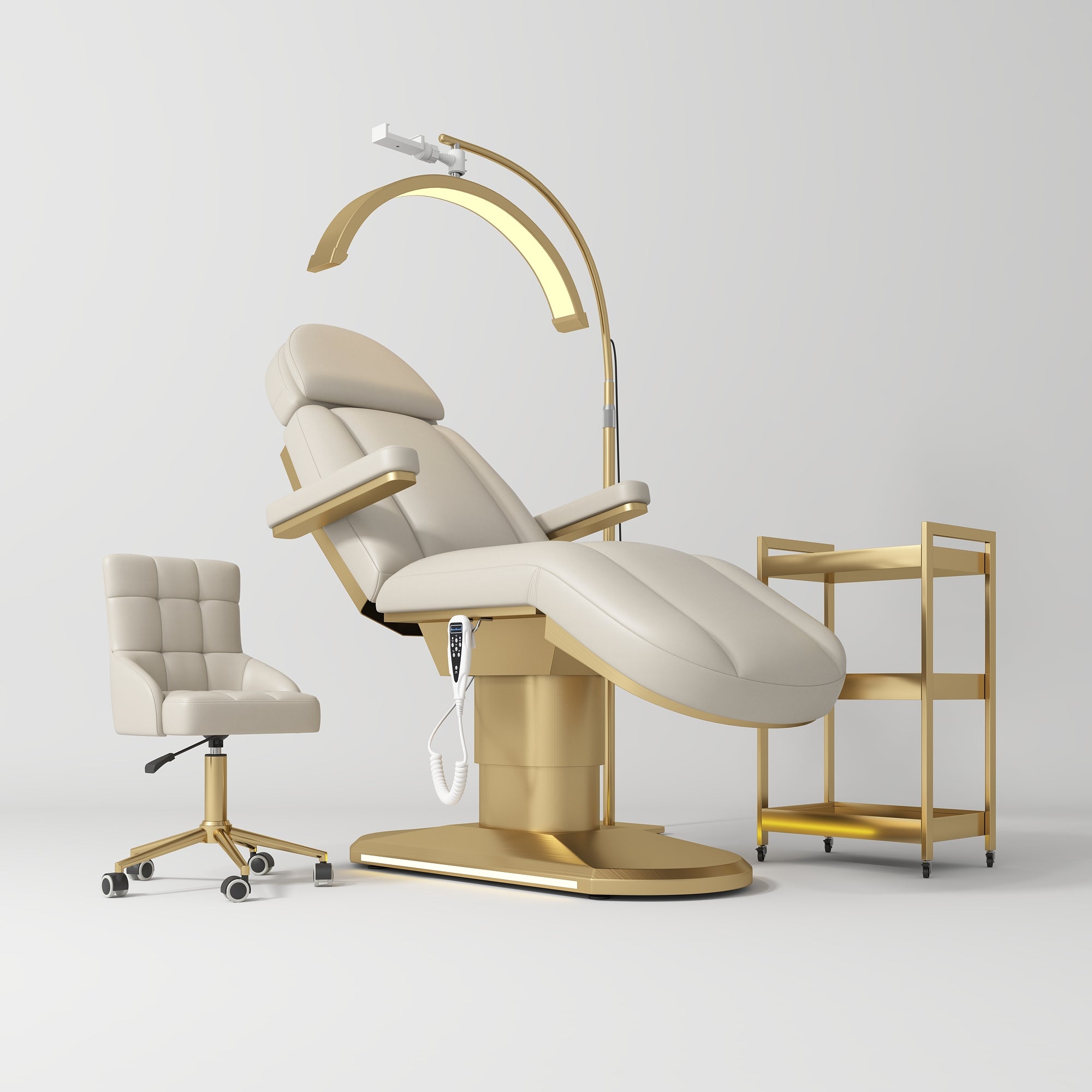 Zestaw Kompletny Salon Étoile Cappuccino - Elektryczne łóżko, Krzesło, Lampa i Pomocnik kosmetyczny
