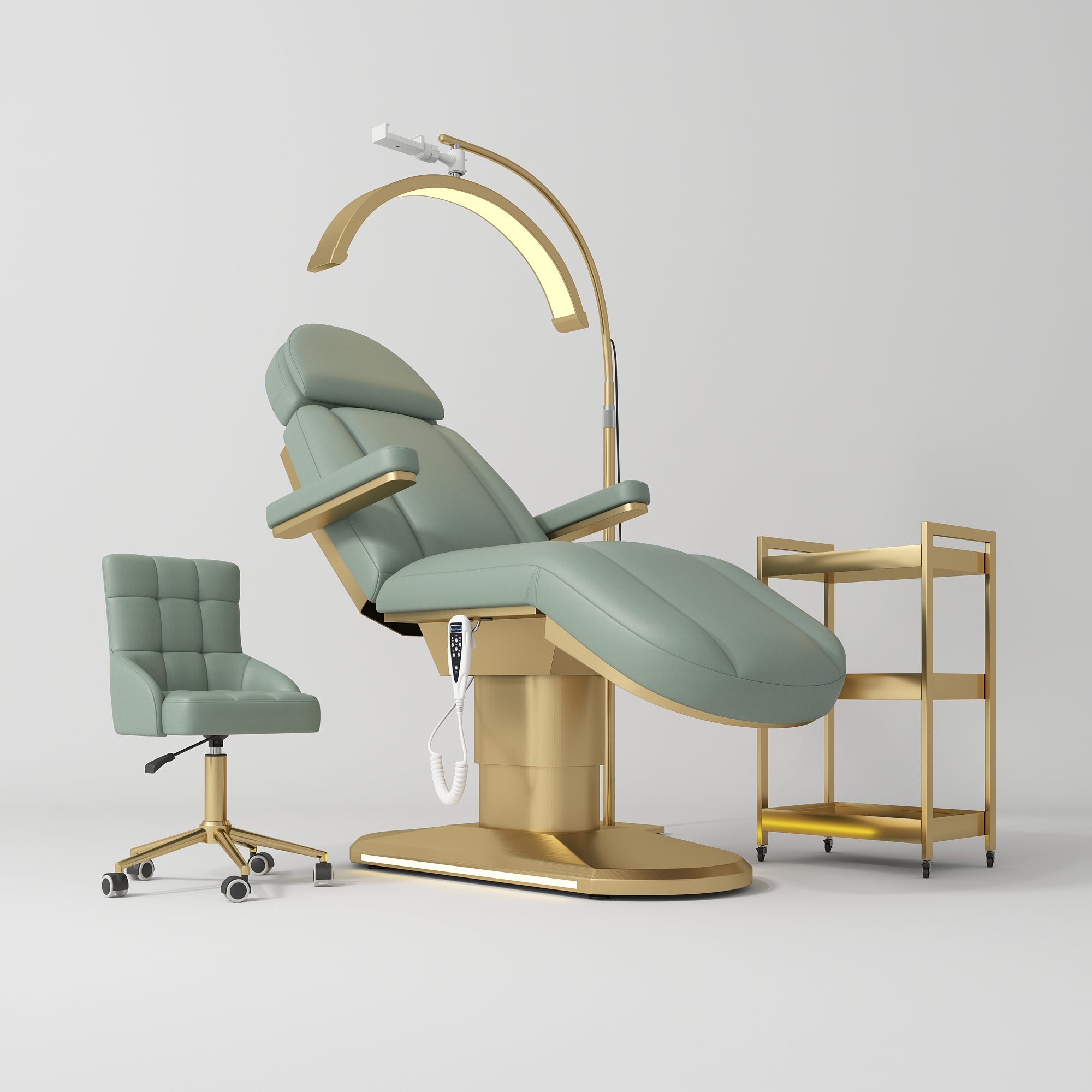 Complete Green Salon Set - Electric Bed, Chair, Lamp and Cosmetic Assistant