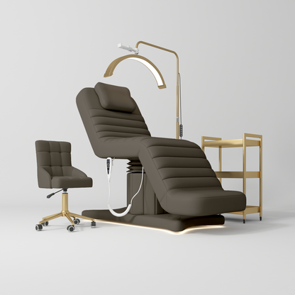 Kompletny Zestaw do Salonu Grandeur Czekoladowa Mocha - Elektryczne łóżko, Krzesło, Lampa i Pomocnik kosmetyczny