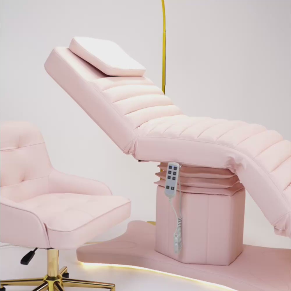 Kompletny Zestaw do Salonu Grandeur Jasno Różowy - Elektryczne łóżko, Krzesło, Lampa i Pomocnik kosmetyczny